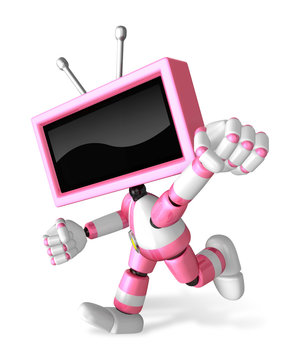 A Pink TV Character and a boxing play. Create 3D Television Robot Series.