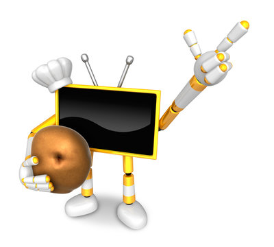 Yellow TV Chef mascot the right hand guides and the left hand is holding a potato. Create 3D Television Robot Series.
