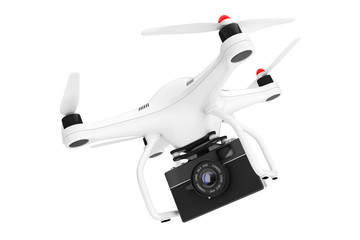 White Quadrocopter with Old Vintage Photo Camera. 3d Rendering