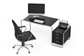 Modern Creative Workspace. Computer is on Office Table with Black Leather Chair. 3d Rendering
