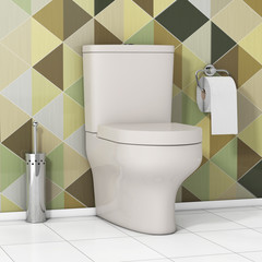 White Toilet Bowl with Toilet Paper and Metallic Toilet Brush in front of Olive Green Geometric...