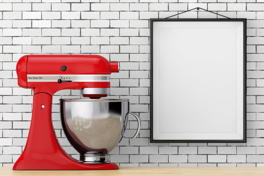 Red Kitchen Stand Food Mixer in front of Brick Wall with Blank Frame. 3d Rendering
