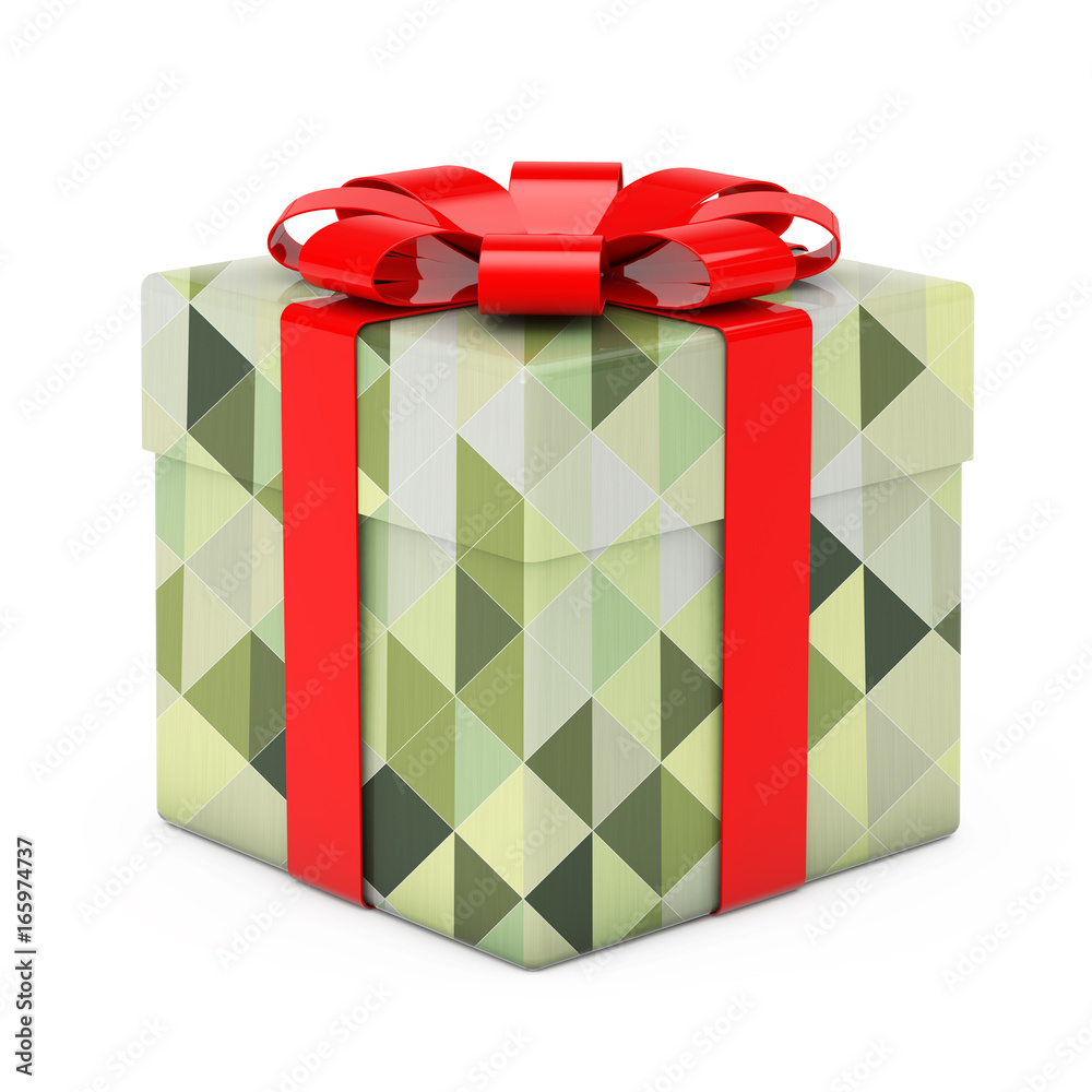 Poster abstract olive green polygon geometric textured gift box with red bow. 3d rendering