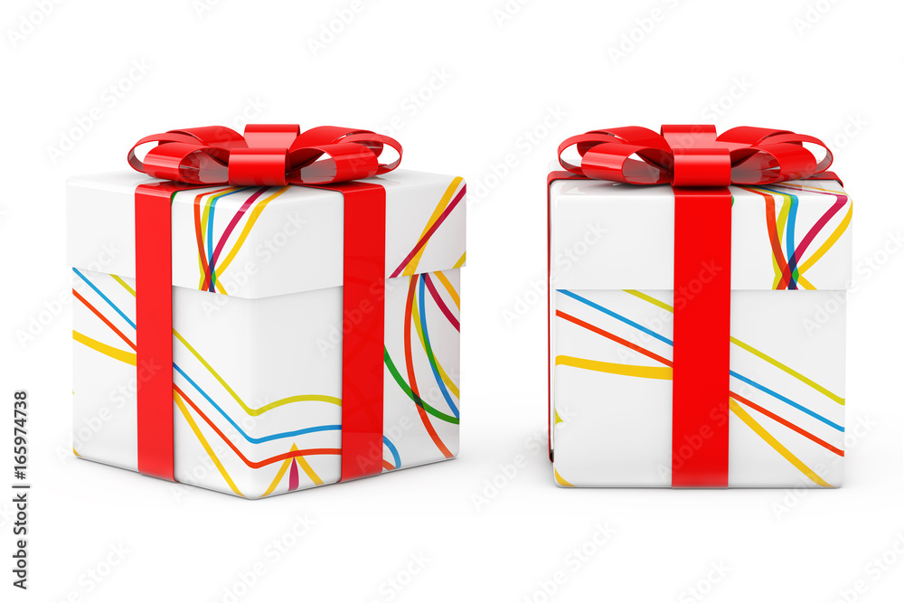 Poster stripped white gift box with red bow. 3d rendering