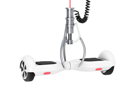 White Self Balancing Electric Scooter in a Chrome Robotic Claw. 3d Rendering