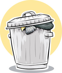 A cartoon of a full, metal trashcan full of garbage.
