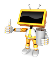 Yellow TV Chef mascot the right hand guides and the left hand is holding a cola. Create 3D Television Robot Series.