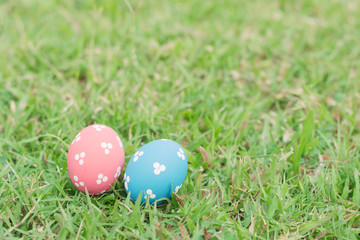 Colorful easter eggs on green grass