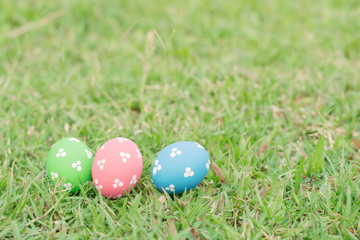 Colorful easter eggs on green grass