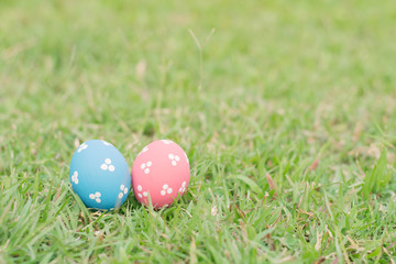 Colorful easter eggs on green grass