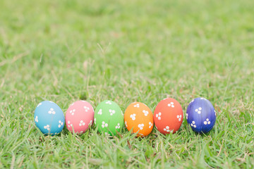 Colorful easter eggs on green grass