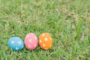 Colorful easter eggs on green grass
