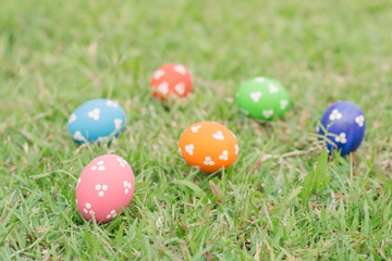 Colorful easter eggs on green grass