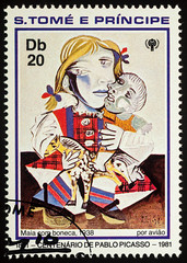 Painting Girl with doll by Picasso on postage stamp - obrazy, fototapety, plakaty