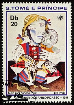 Painting Girl with doll by Picasso on postage stamp