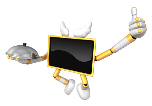 Chef Yellow TV Mascot the right hand best gesture and the right hand is holding a pot. Create 3D Television Robot Series.