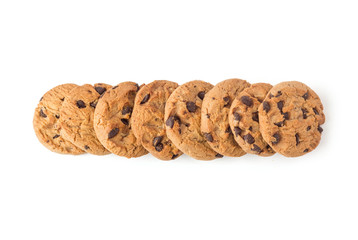 homemade chocolate chips cookies on white in top view