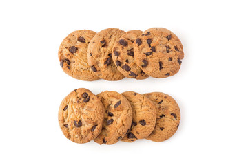 homemade chocolate chips cookies on white in top view