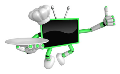Chef Green TV Mascot the right hand best gesture and the right hand is holding a plate. Create 3D Television Robot Series.