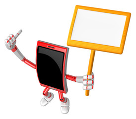 3D Smart Phone Mascot the hand is holding a picket. 3D Mobile Phone Character Design Series.