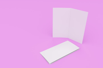 Blank white two fold brochure mockup on violet background