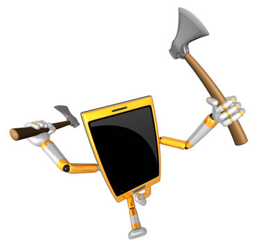 3D Smart Phone Mascot brandishes an axe with a very sharp blade. 3D Mobile Phone Character Design Series.