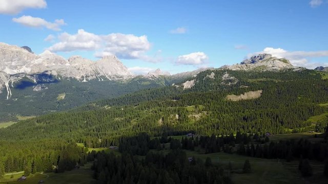 Fantastic landscape on the Dolomites. Drone aerial view on the peaks called Conturines,  Pizes de Fanis, Lagazuoi and Falzarego mountain pass. Place is Alta Badia, Sud Tirol, Italy