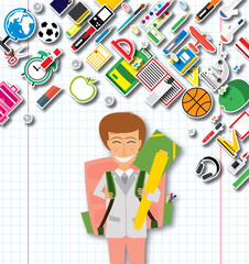 Smiling Young School Girl in Uniform with Pink Backpack and Supplies.