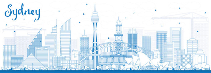 Obraz premium Zarys panoramę Sydney w Australii z niebieskimi budynkami.