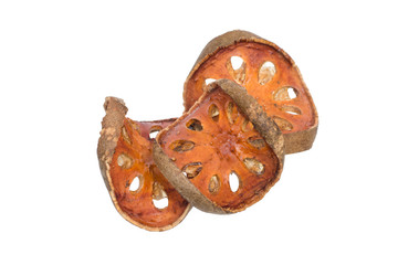 Dry Bael Fruit tea (Aegle marmelos) isolated on white background