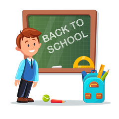 Young male teacher on lesson at blackboard in classroom. Chalkboard with lettering back to school. Tutor and backpack isolated on white background. Education teaching concept. Vector flat illustration
