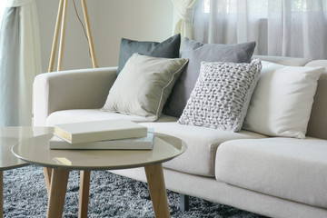 Earth tone style sofa and pillows with round center table in the living room