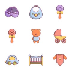Kid toys icons set, flat style