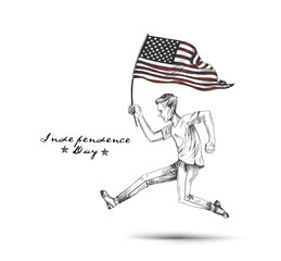 Man with the American flag running towards the dream, Hand Drawn Vector Background.