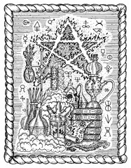 Obraz premium Black and white mystic drawing with alchemical symbols, skull, pentagram and laboratory equipment in frame