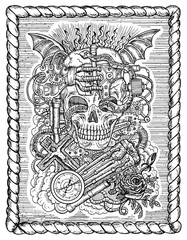 Obraz premium Black and white mystic drawing with scary skull, steampunk and gothic symbols as rose, demon wings, cross, cogs and wheels in frame