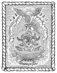 Black and white drawing with mystic and christian religious symbols as Devil, Eve and Adam, hell and paradise in frame