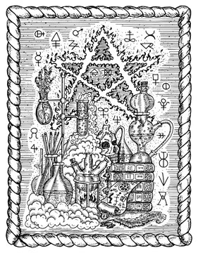 Black and white mystic drawing with alchemical symbols, skull, pentagram and laboratory equipment in frame