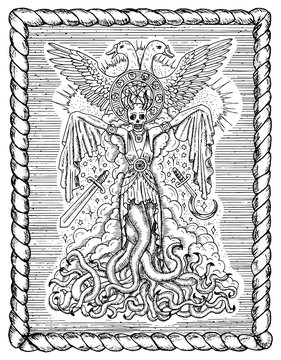 ПечатьBlack and white drawing with evil goddess or female demon with tentacles, skull and mystic spiritual symbols in frame