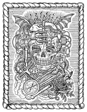 Black and white mystic drawing with scary skull, steampunk and gothic symbols as rose, demon wings, cross, cogs and wheels in frame