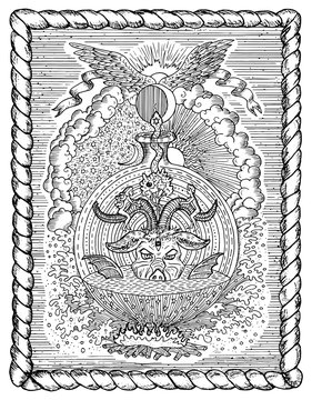 Black and white drawing with mystic and christian religious symbols as Devil, Eve and Adam, hell and paradise in frame