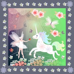 Tea box design. Winged Fairy and cheerful unicorn.