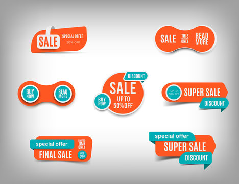 Sale banner set, discount tag collection, special offer. Trendy website stickers on a gray abstract background, color web page design. Vector elements, eps10
