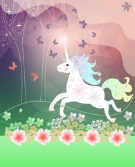 Book cover, greeting card or towel with cheerful unicorn in magic forest. © Happy Dragon
