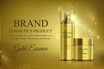 A beautiful cosmetic templates for ads, golden bottle hair oil and gold jar mockup for premium product on a shiny background. Vector brand illustration