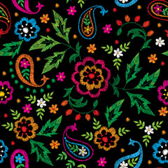Vector seamless decorative floral embroidery pattern, ornament for textile decor. Bohemian handmade style background design. - 165984954