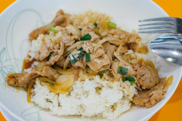 Stir fried fresh rice with pork in sweet sauce