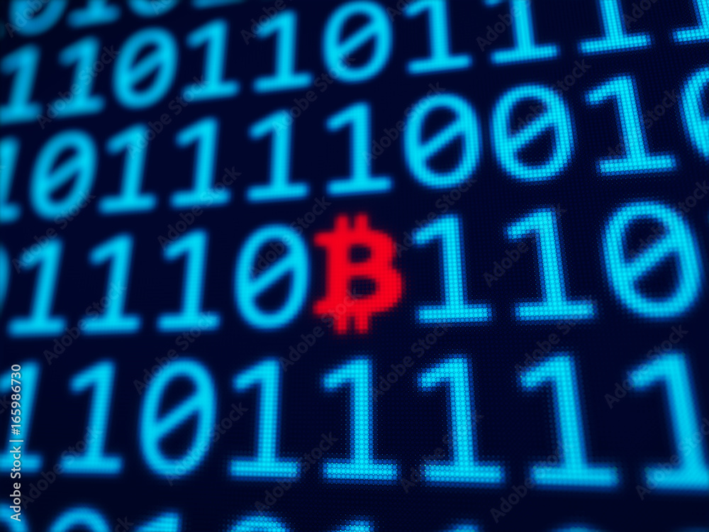 Poster bitcoin red symbol between blue binary data on pixels screen 3d rendered with depth of field