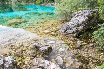 Enchanted Lake. The crystalline waters of Cornino Lake. Friuli