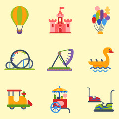Naklejka premium Carousels amusement attraction park side-show kids outdoor entertainment construction vector illustration.